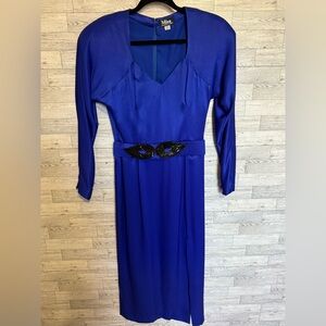 Vintage Mira Custom Designer Cobalt Blue‎ Evening Dress Sequin Belt Front Slit